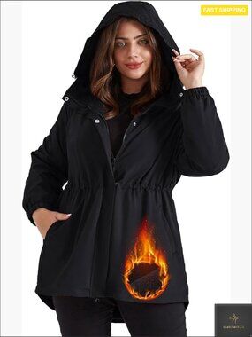 Long Rain Jacket Plus Size Fleece Lined Waterproof Hooded Windbreaker Coat with